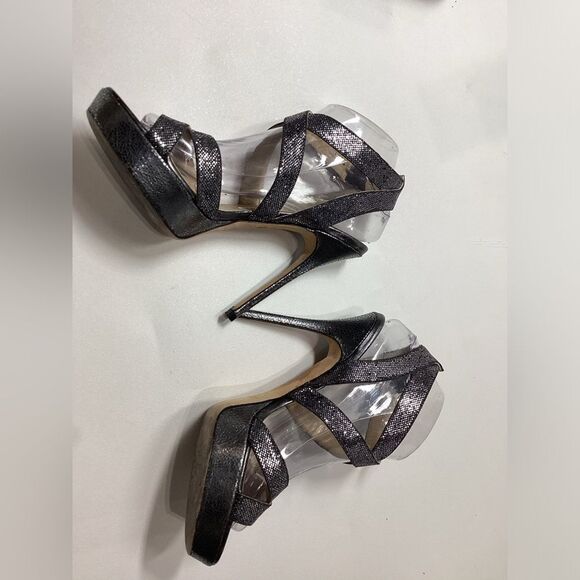 Jimmy Choo Vamp Metallic Silver & Black Platform Heel Sandals Size EU 38.5 - Picture 9 of 14